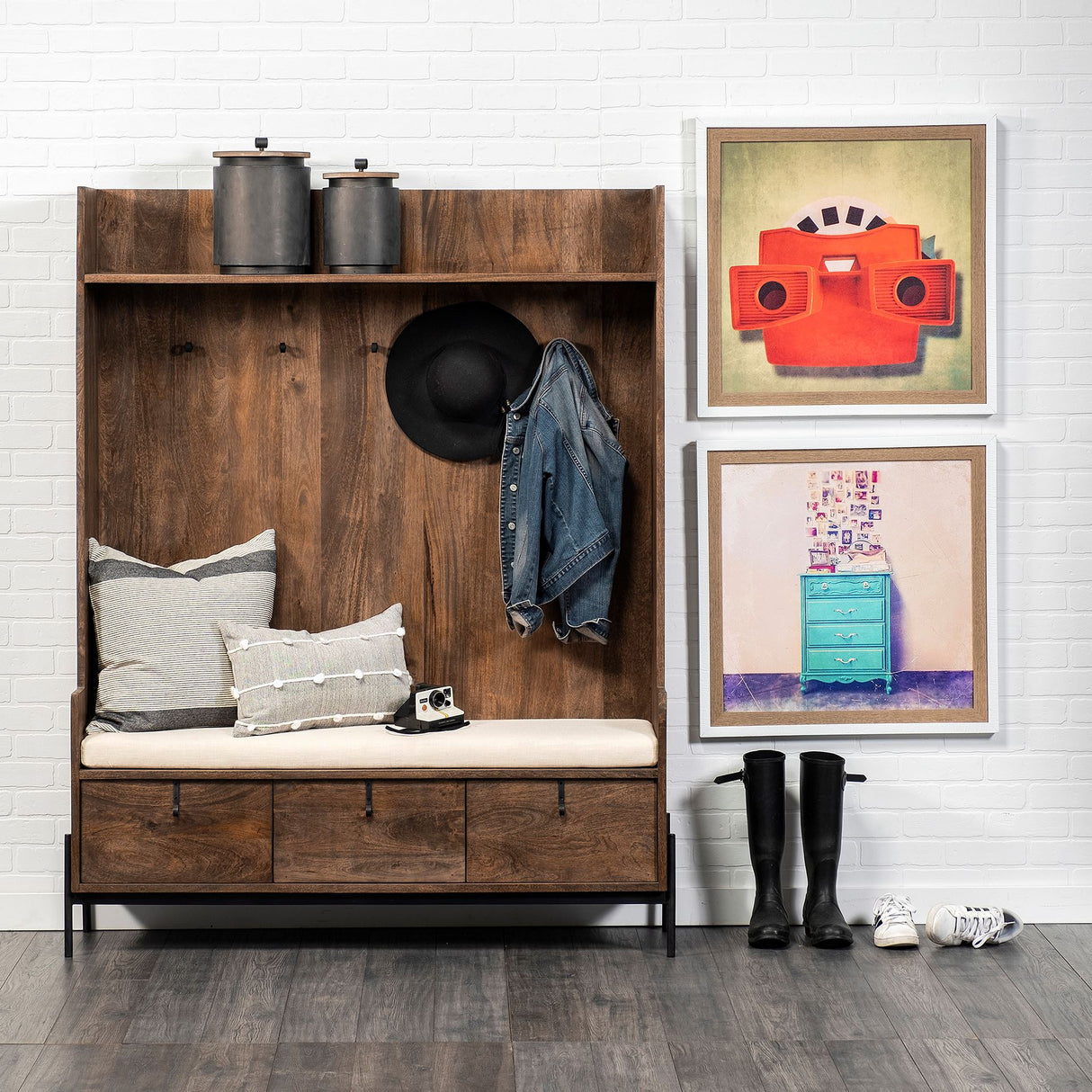 Glenn V 56L x 17W Dark Brown Wood w/ Cream Fabric Seat, 3 Drawers Hall Tree from Mercana - Luna Furniture