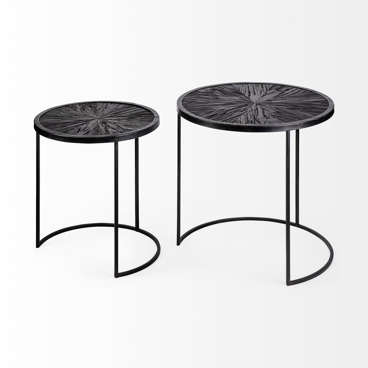 Chakra 19.7" Set of Two Round Dark Wood Top Black Frame Accent Tables from Mercana - Luna Furniture