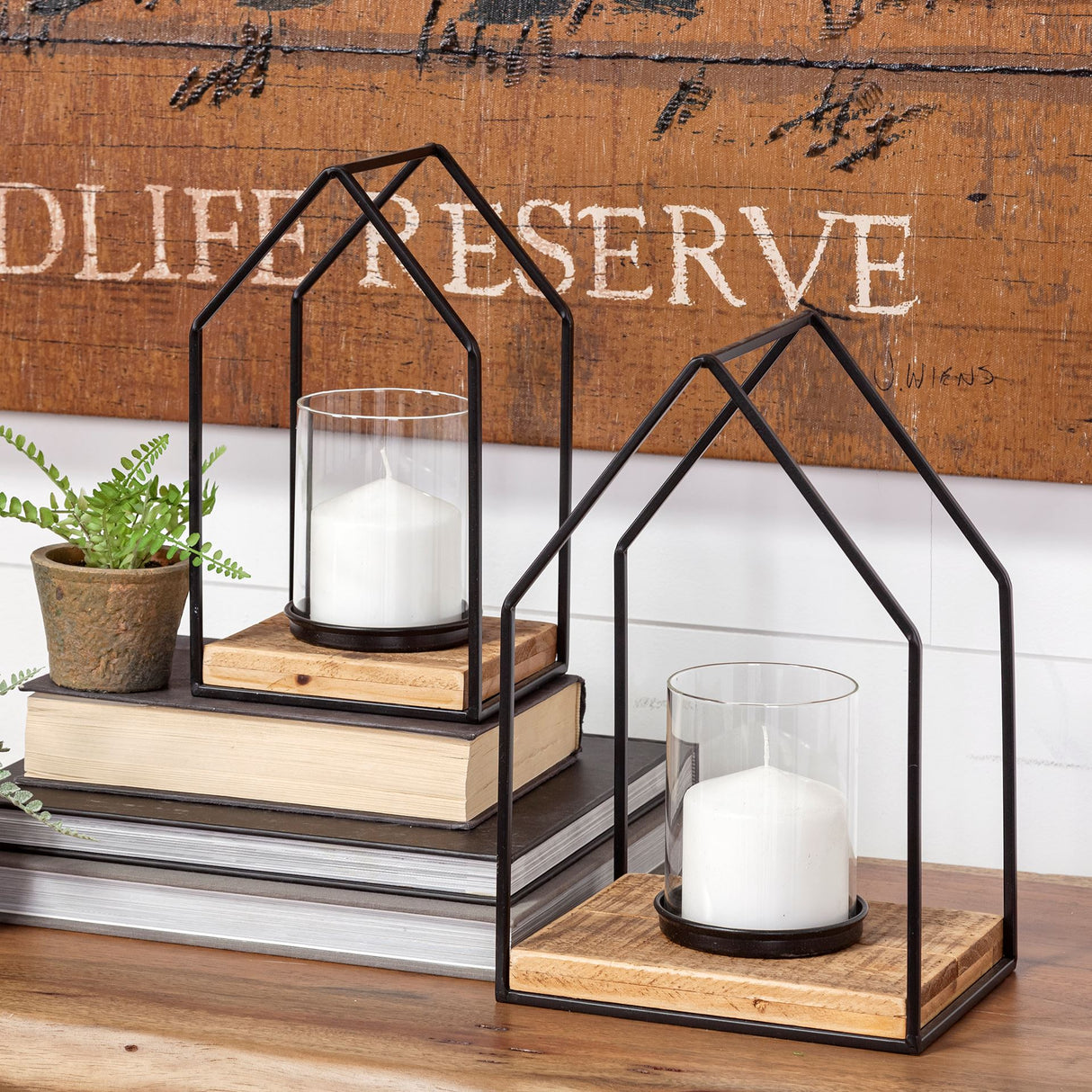 Leopold Set of Two Black Metal Wooden Base Table Candle Holders from Mercana - Luna Furniture