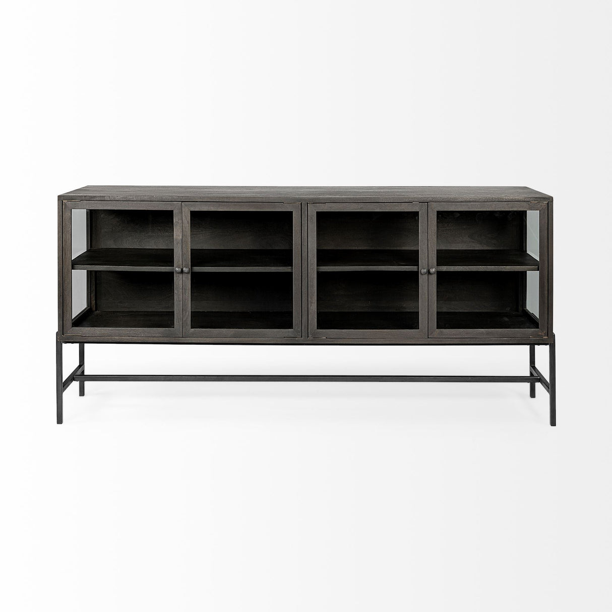 Arelius 70L x 18.75W x 32H Black-Brown Wood, Black Metal Base w/ 4 Glass Cabinet Doors Sideboard from Mercana - Luna Furniture