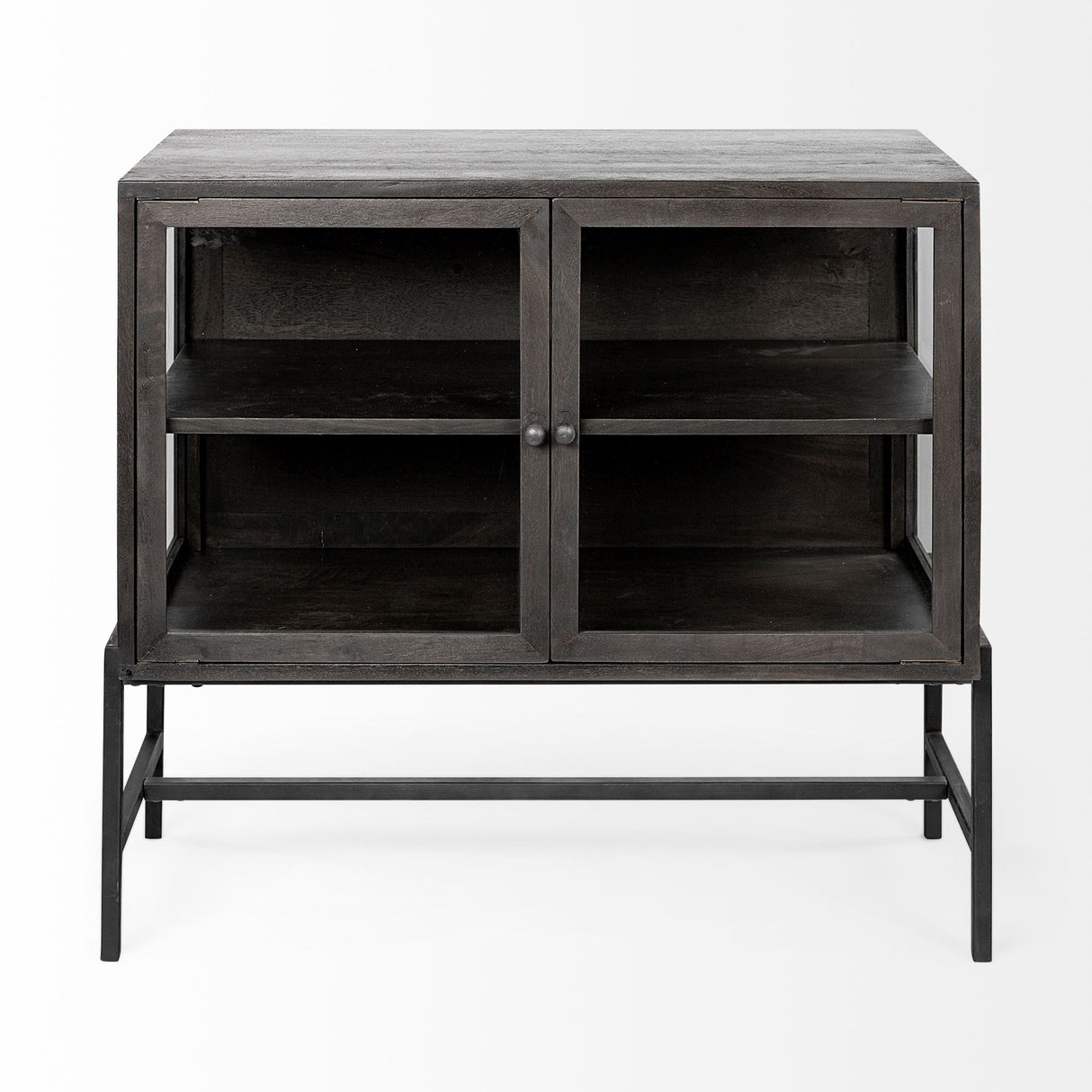 Arelius 36L x 18W Black-Brown Wood, Black Metal Base w/ 2 Glass Doors Accent Cabinet from Mercana - Luna Furniture