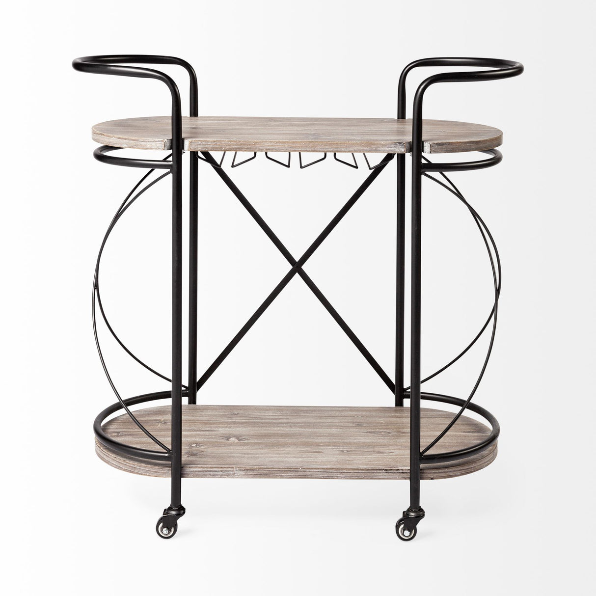 Marlon Black Metal Frame Two Tier Shelves w/Stemware holder Bar Cart from Mercana - Luna Furniture