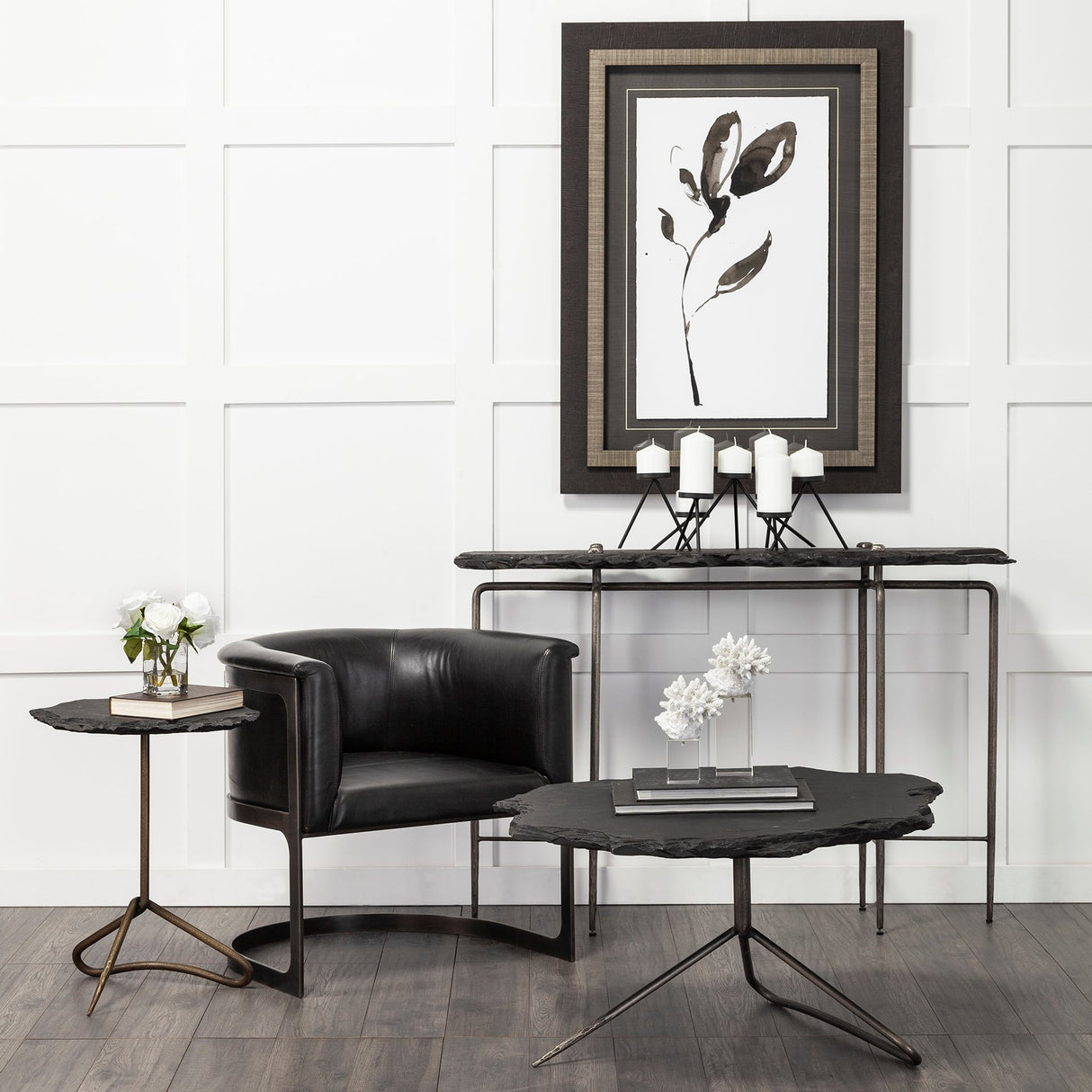 Pinera 37"x33" Black Slate With Iron Base Coffee Table from Mercana - Luna Furniture