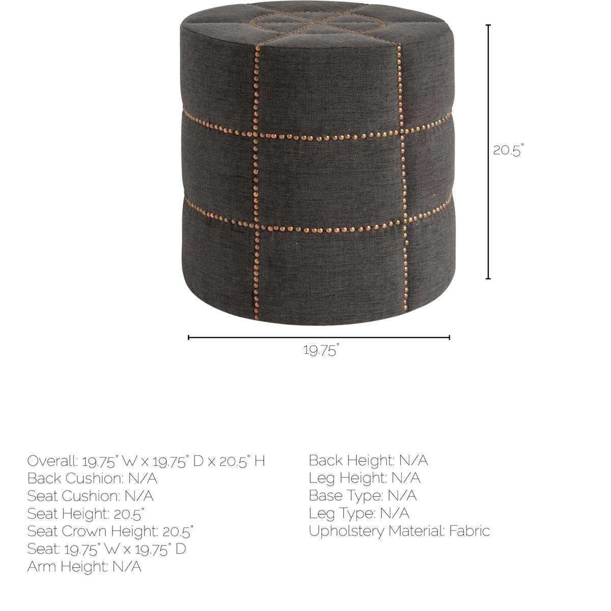 Beacon 20.5"H Gray Fabric w/ Metal Tacks Round Ottoman from Mercana - Luna Furniture