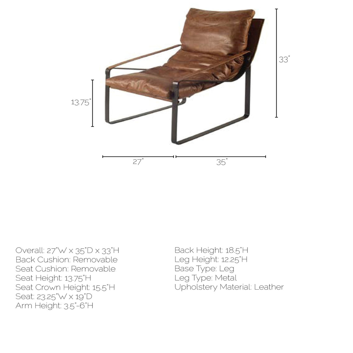 Hornet I 27.0L x 35.0W x 36.0H Brown Leather Unibody Seat w/ Black Metal Frame Accent Chair from Mercana - Luna Furniture