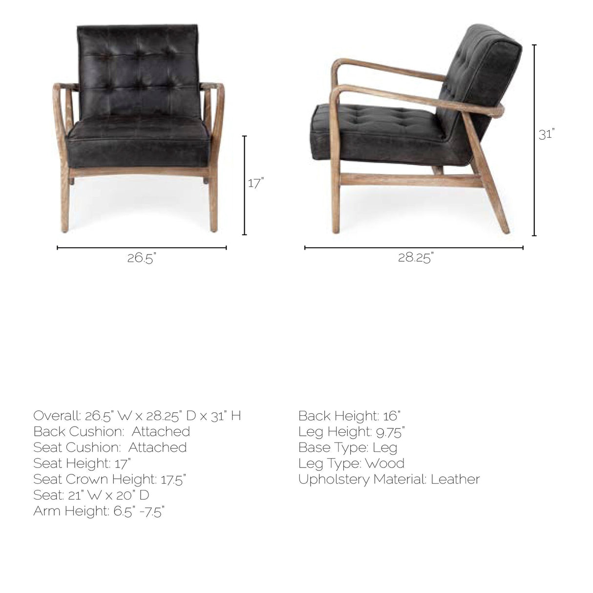 Phineas Black Leather W/ Brown Wooden Frame Accent Chair from Mercana - Luna Furniture
