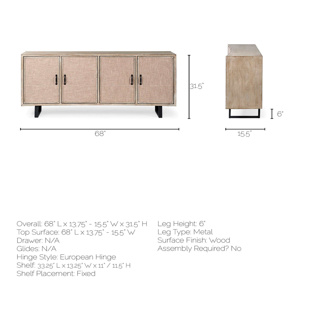 Bellefontaine II 68x15.5 Brown Fir Veneer Frame 4 Fabric Covered Cabinet Door Sideboard from Mercana - Luna Furniture