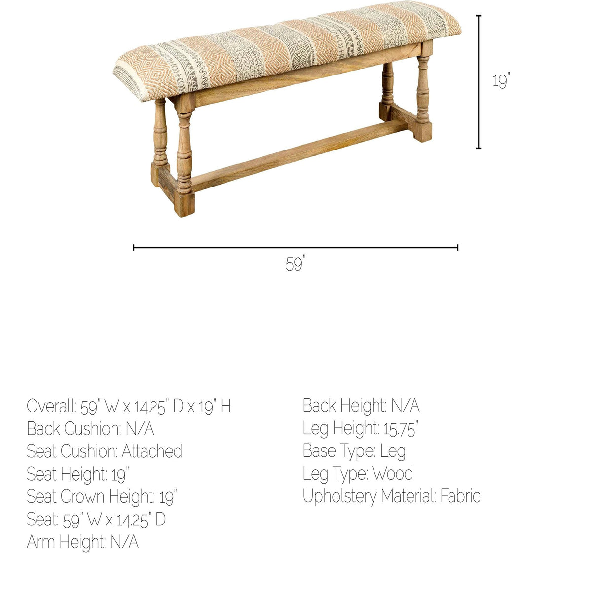 Greenfield II 59L x 14W Patterned Tan Upholstered Wood Frame Accent Bench from Mercana - Luna Furniture