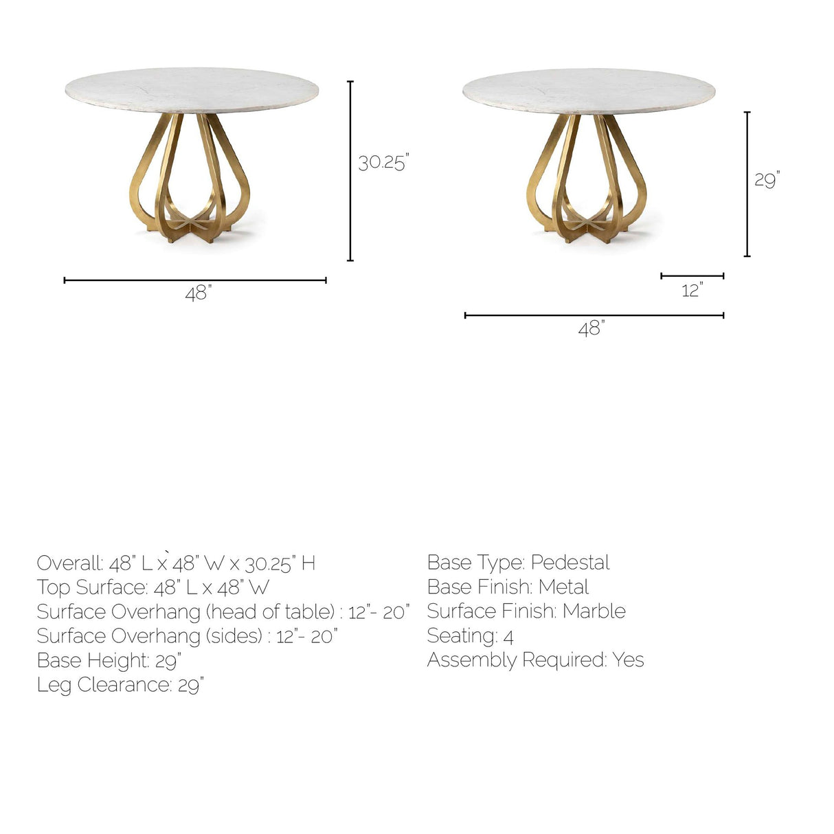 Laurent 48" Marble Top Gold Metal Base Dining Table from Mercana - Luna Furniture