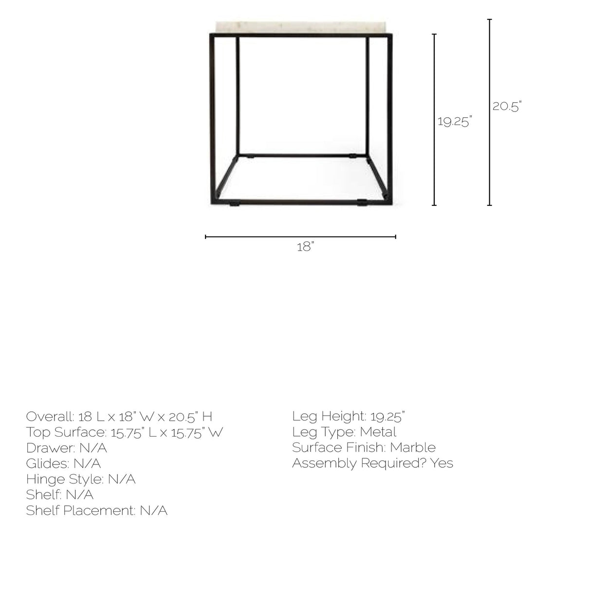 Nathan II 18" x 20" Square Top White Marble and Black Metal End/Side Table from Mercana - Luna Furniture