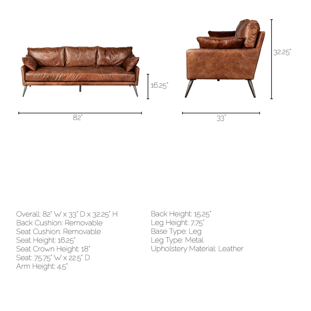 Cochrane II 82L x 33W x 32.25H Brown Leather Three Seater Sofa from Mercana - Luna Furniture