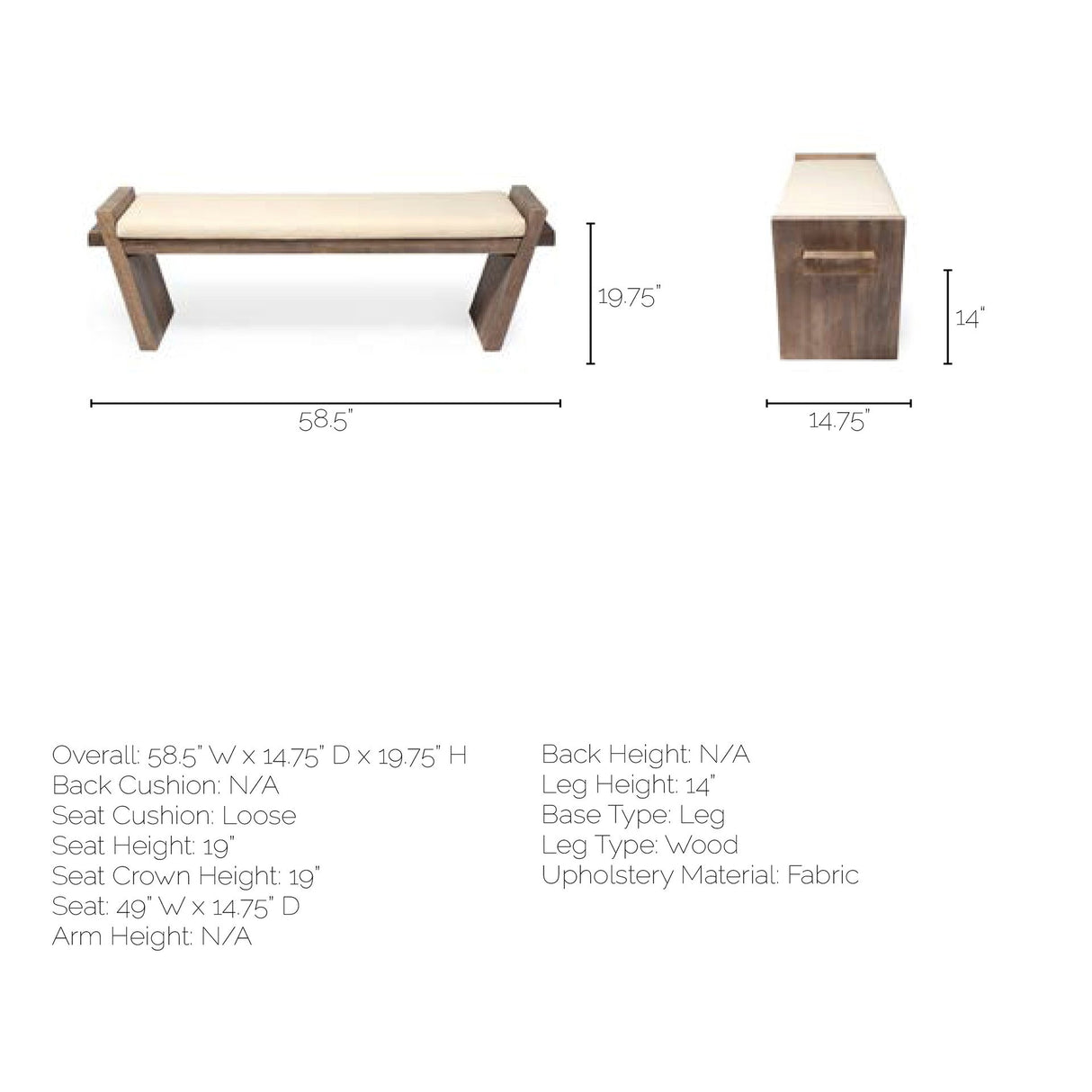 Elaine I 58L x 14.75W x 20H Brown Wood Upholstered Cream Seat Entryway Bench from Mercana - Luna Furniture
