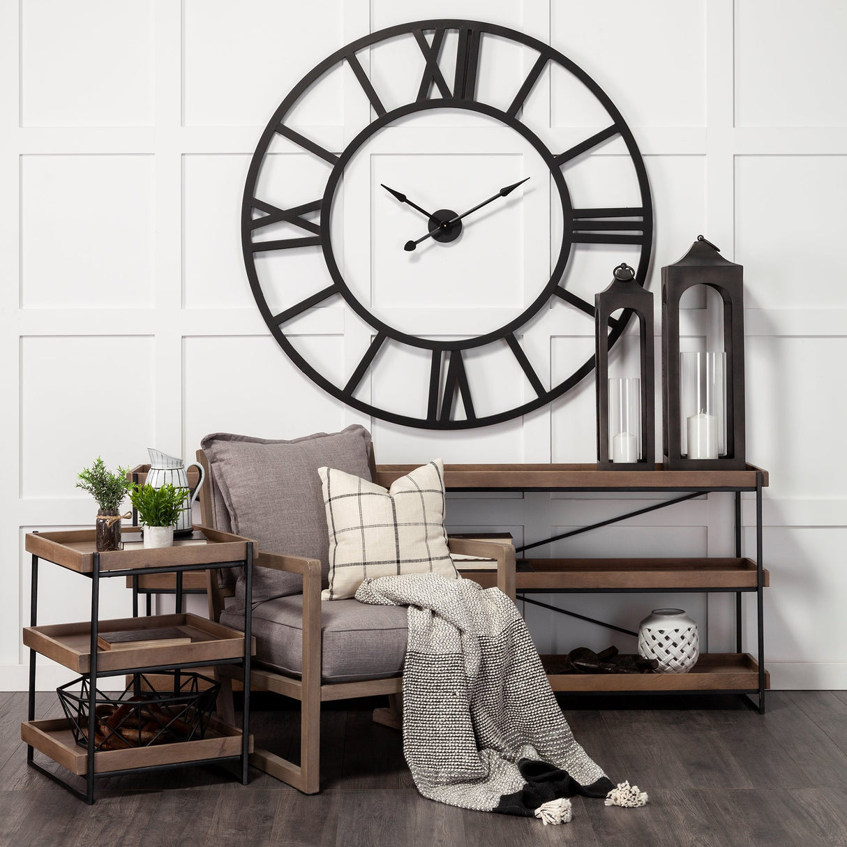 Trey III 20" x 26" Square Medium Brown Wooden Three-Tiered Black Iron Frame End/Side Table from Mercana - Luna Furniture