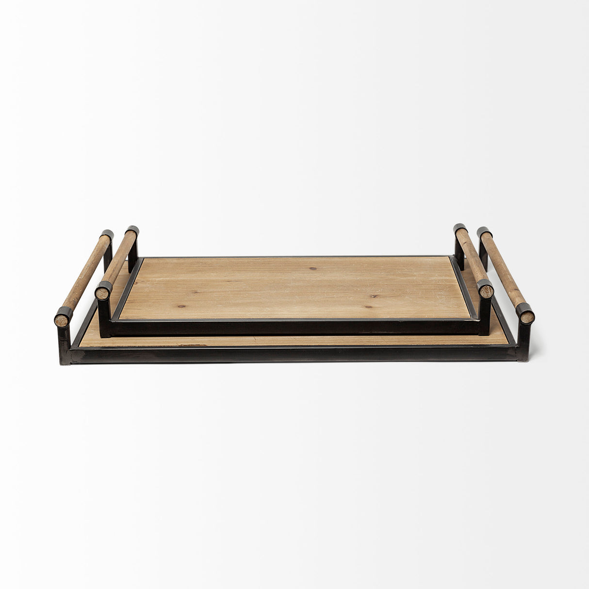 Benson Set of 2 Brown Wood Black Metal Trays from Mercana - Luna Furniture