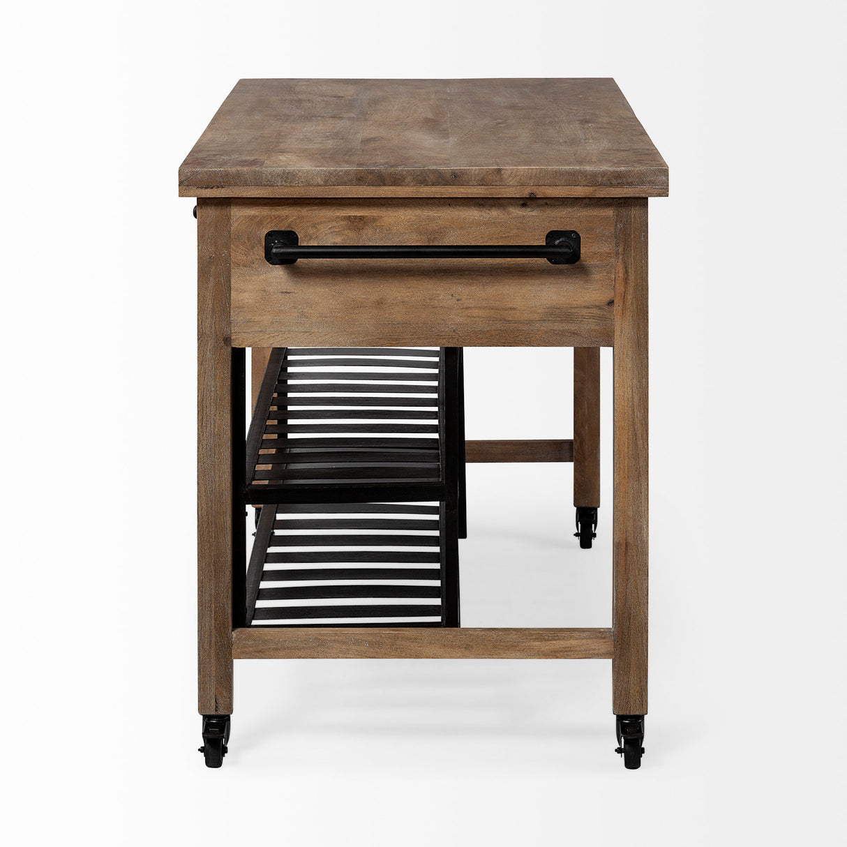 Stuart I Brown Solid Wood Top Two-Tier Black Metal Rolling Kitchen Island from Mercana - Luna Furniture