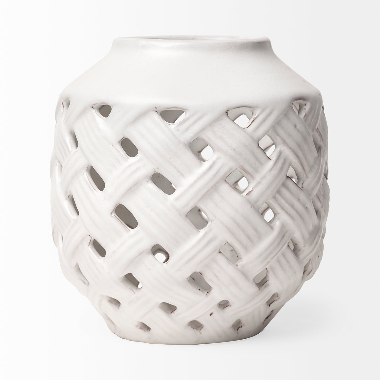 Forillon I Short White Glazed Lattice Pattern Vase from Mercana - Luna Furniture