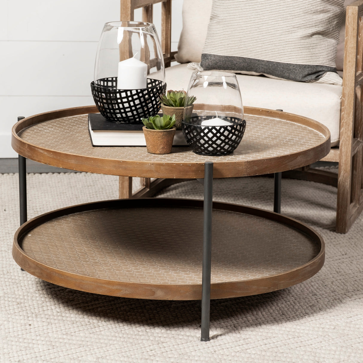 Kade 33" Round Brown Table Gray Metal Frame Two-Tier Coffee Table from Mercana - Luna Furniture