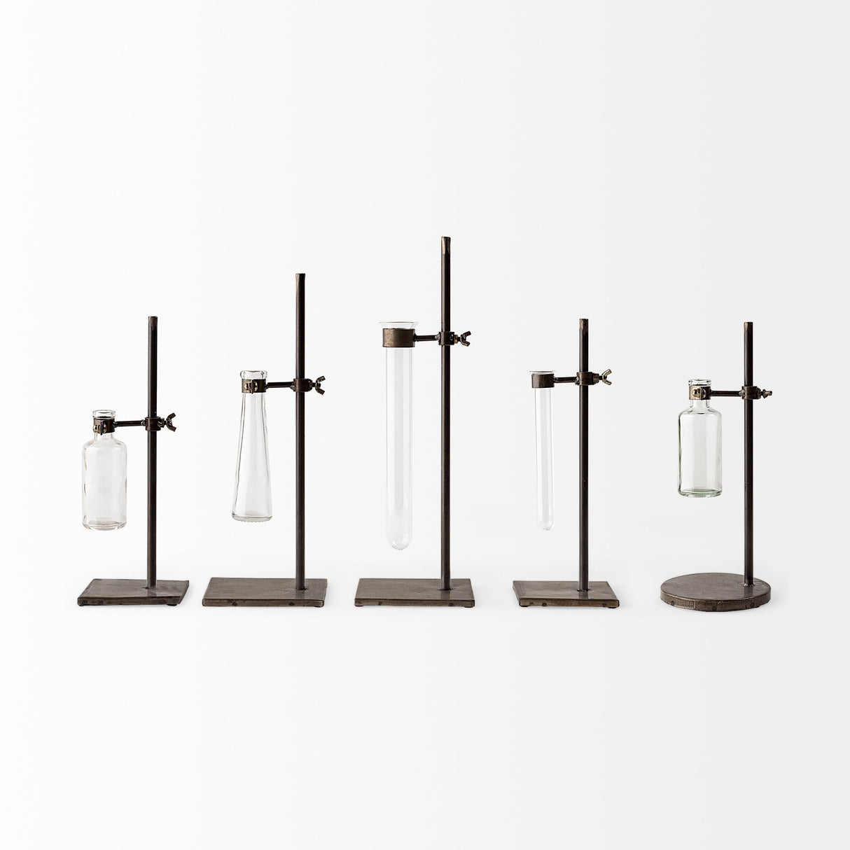 Jarvis Set of Five Dark Brown Metal and Glass Chemistry Inspired Bottles from Mercana - Luna Furniture