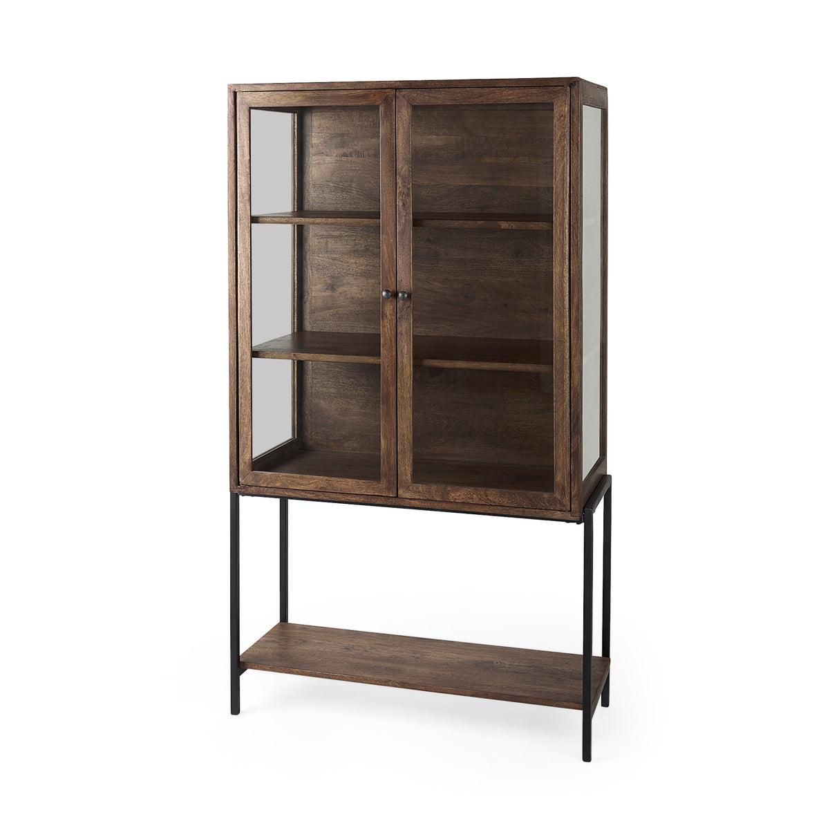 Arelius 36L x 18.75W x 63H Medium Brown Wood W/ Black Metal Base Display Cabinet from Mercana - Luna Furniture