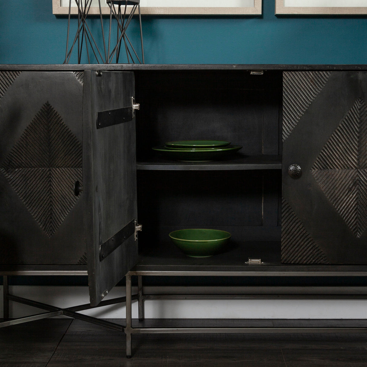 Hogarth I 72x15 Two-Tone Brown Solid Wood Base Silver Frame 4 Cabinet Sideboard from Mercana - Luna Furniture