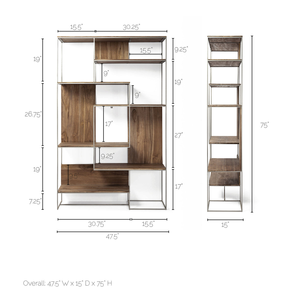 Morris III 47.25 X 15 X 75.5 Brown Wood and Silver Metal Frame 6 Shelf Shelving Unit from Mercana - Luna Furniture