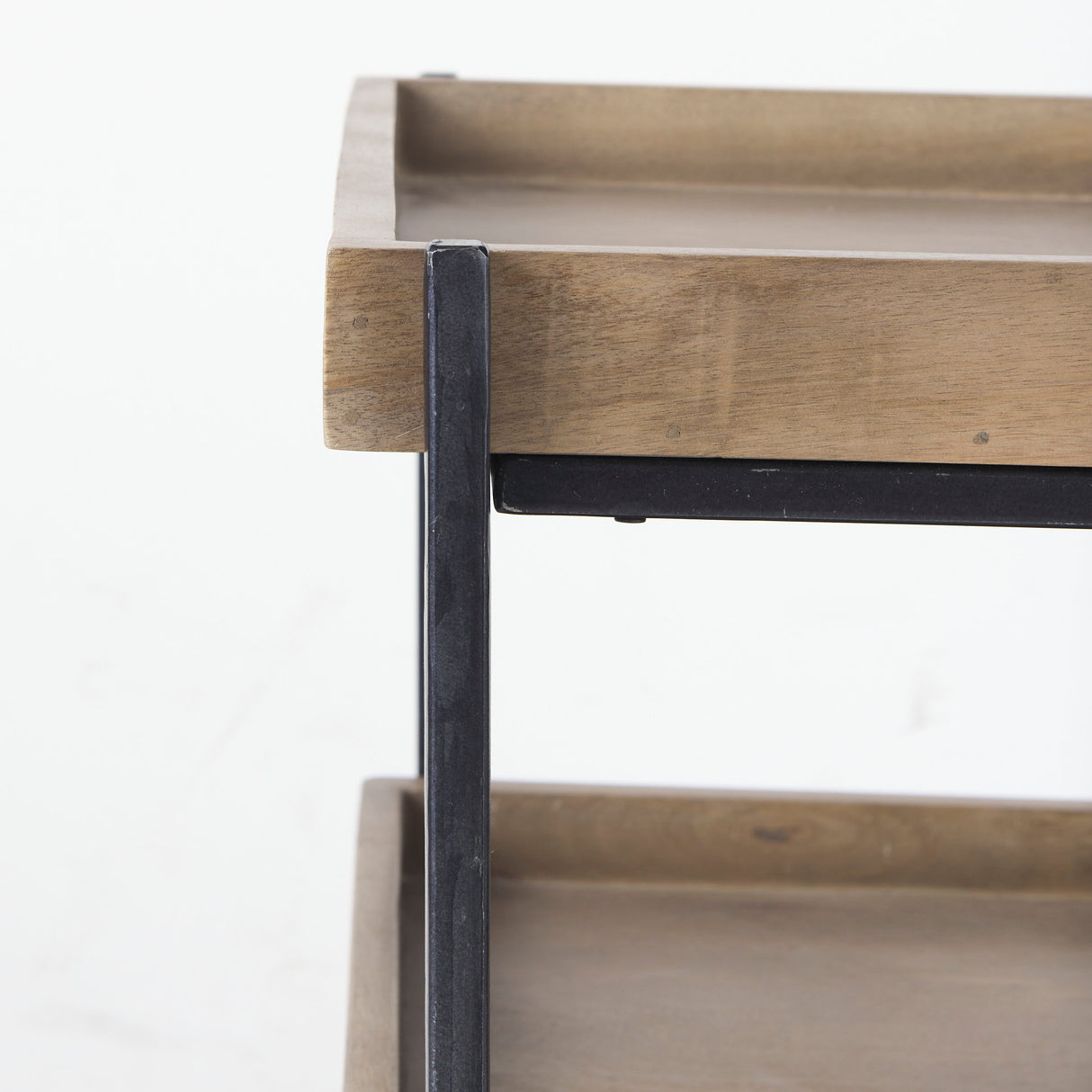 Trey III 20" x 26" Square Medium Brown Wooden Three-Tiered Black Iron Frame End/Side Table from Mercana - Luna Furniture