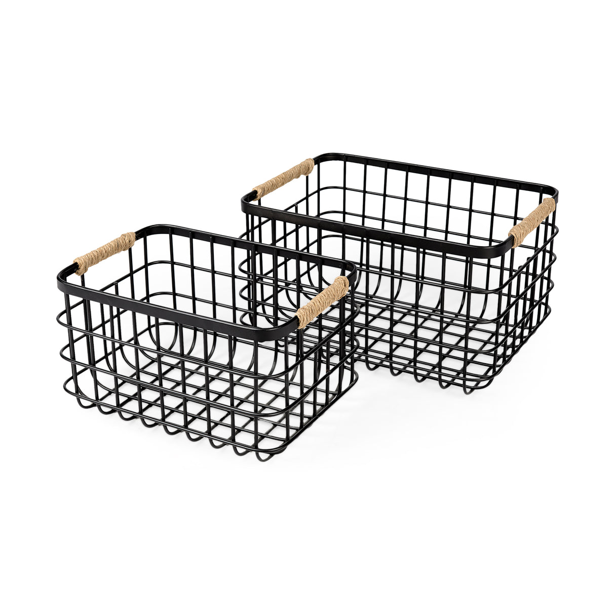 Marius (Set of 2) Matte Black Metal W/ Rope Trim Rectangular Baskets from Mercana - Luna Furniture