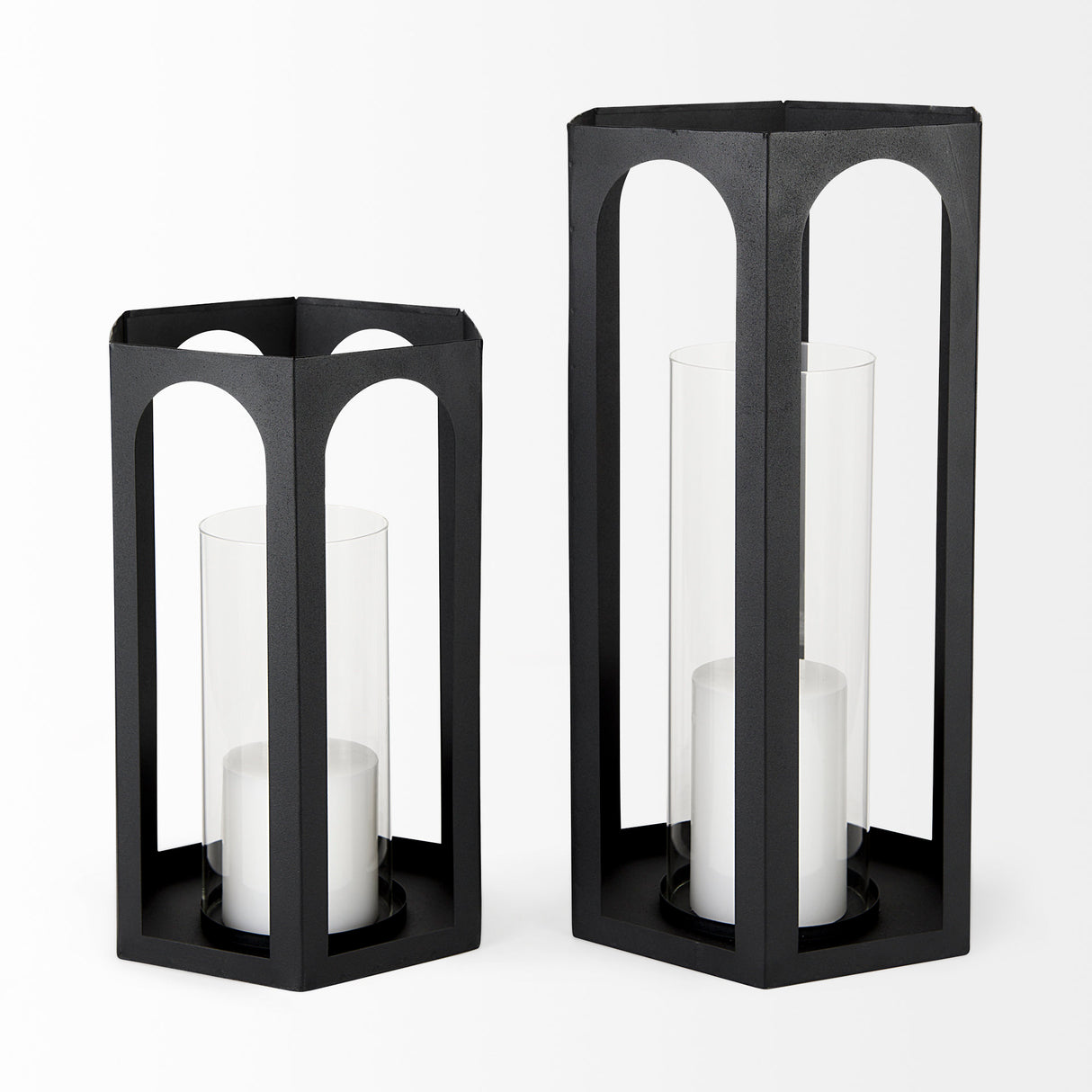 Balley 9.4L x 9.4W x 19.7H Set of Two Matte Black Metal Hexagonal Candle Holder Lanterns from Mercana - Luna Furniture