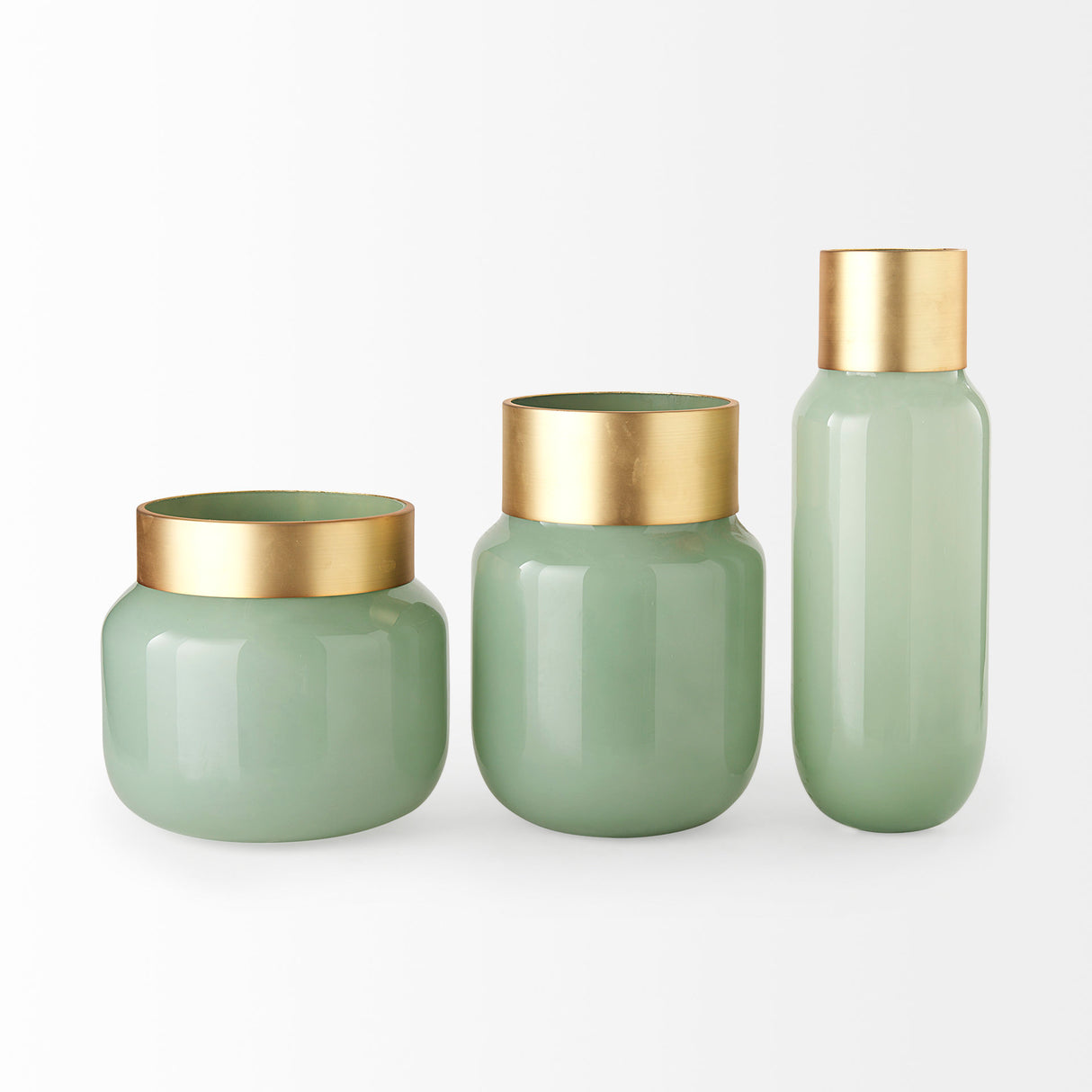 Minty 5.7L x 5.7W x 16.8H Green Glass Vase W/Matte Gold Metal Neck Cuff from Mercana - Luna Furniture