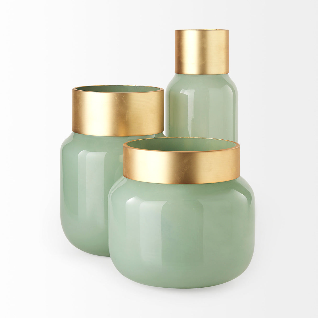 Minty 5.7L x 5.7W x 16.8H Green Glass Vase W/Matte Gold Metal Neck Cuff from Mercana - Luna Furniture