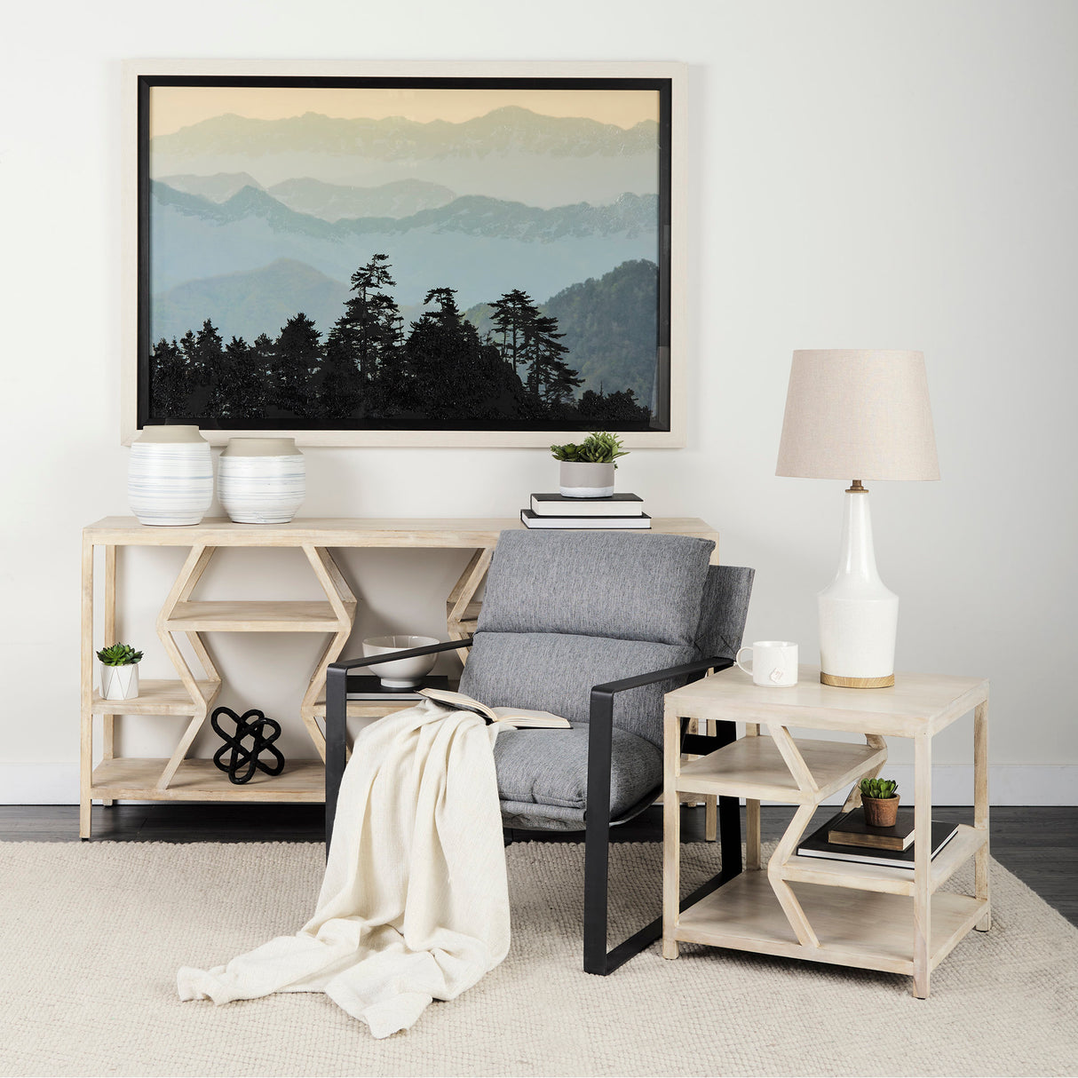 Dayton II 66L x 16W Natural Wooden Multi-Level Shelf Console Table from Mercana - Luna Furniture