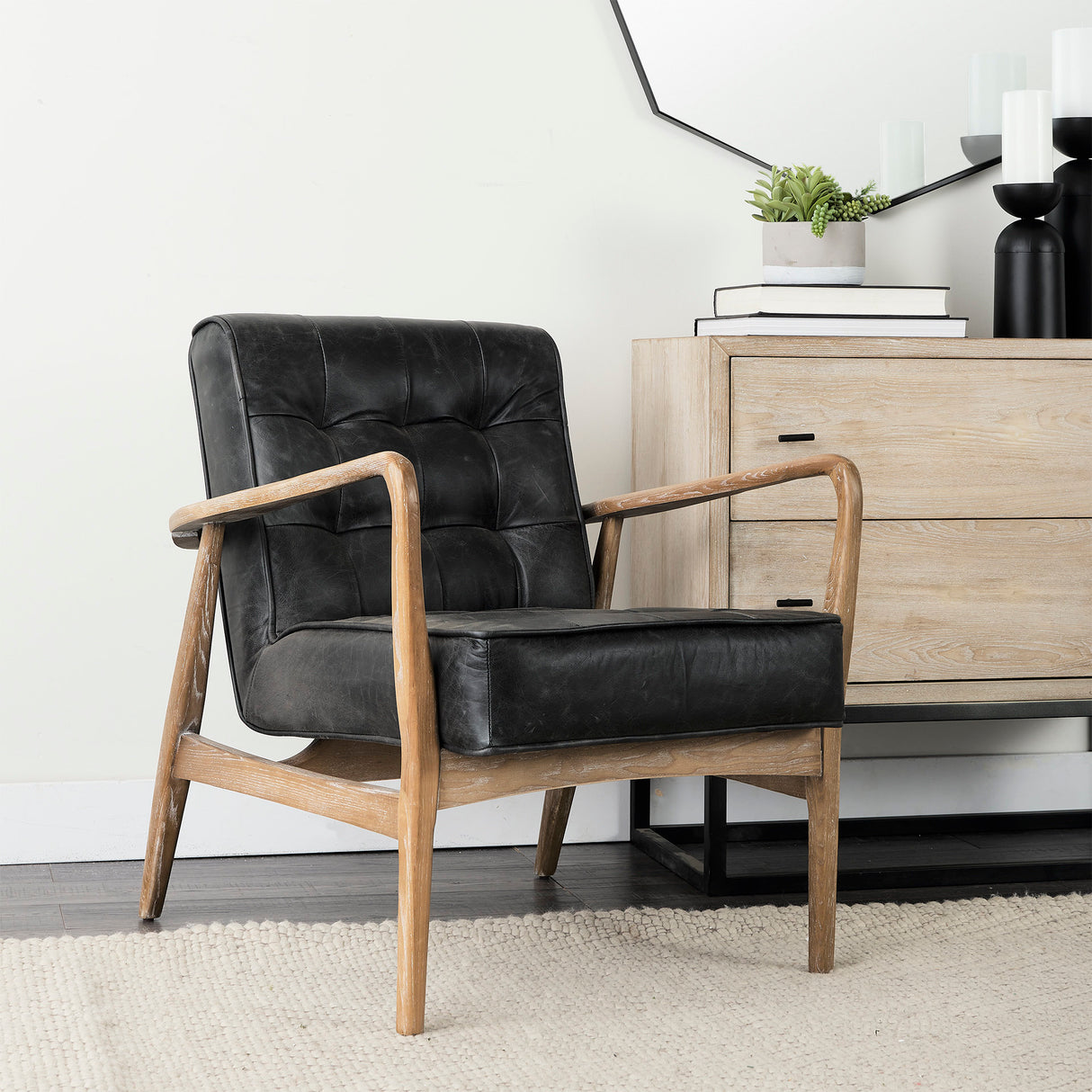 Phineas Black Leather W/ Brown Wooden Frame Accent Chair from Mercana - Luna Furniture