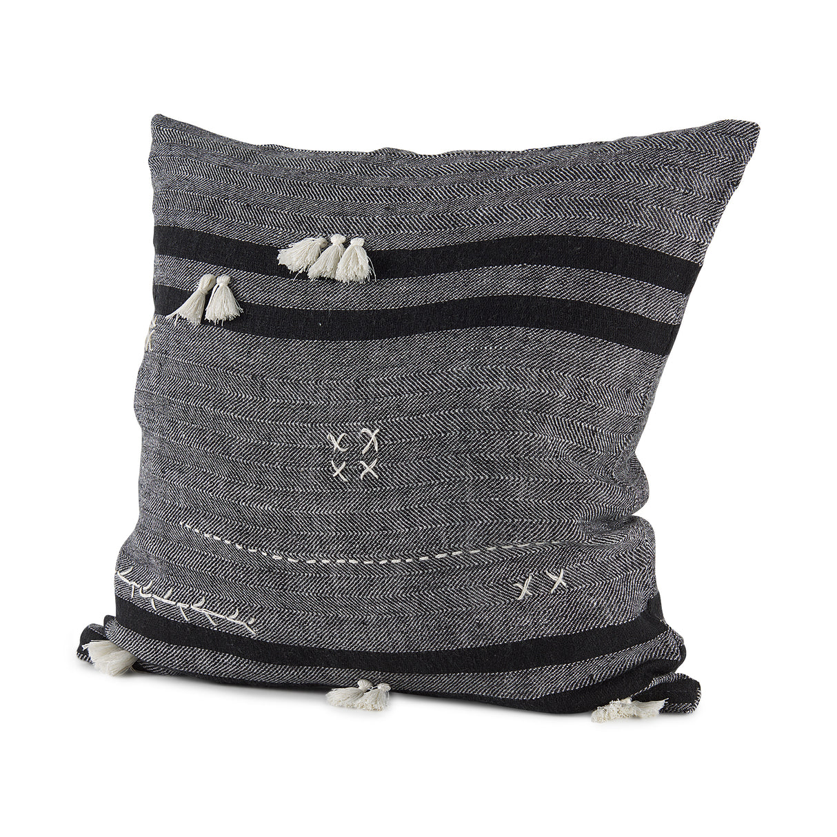 Sibyl 18L x 18W Black Fabric Striped and White Fringed Decorative Pillow Cover from Mercana - Luna Furniture