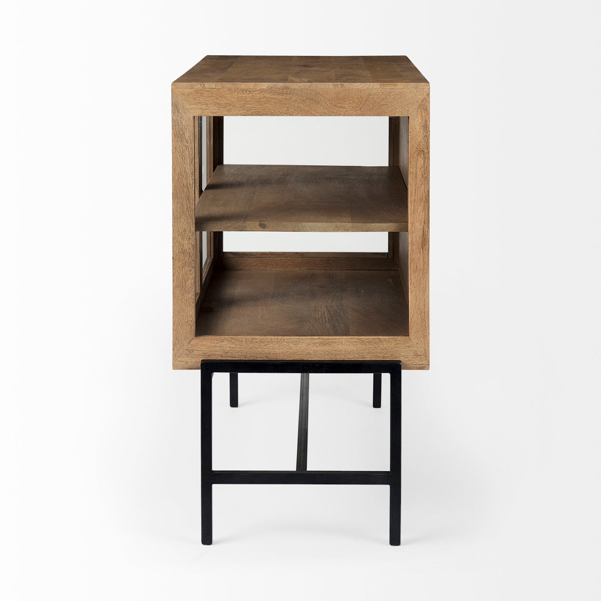 Arelius 36L x 18W x 32H Light Brown Wood, Black Metal Base w/ 2 Glass Doors Accent Cabinet from Mercana - Luna Furniture