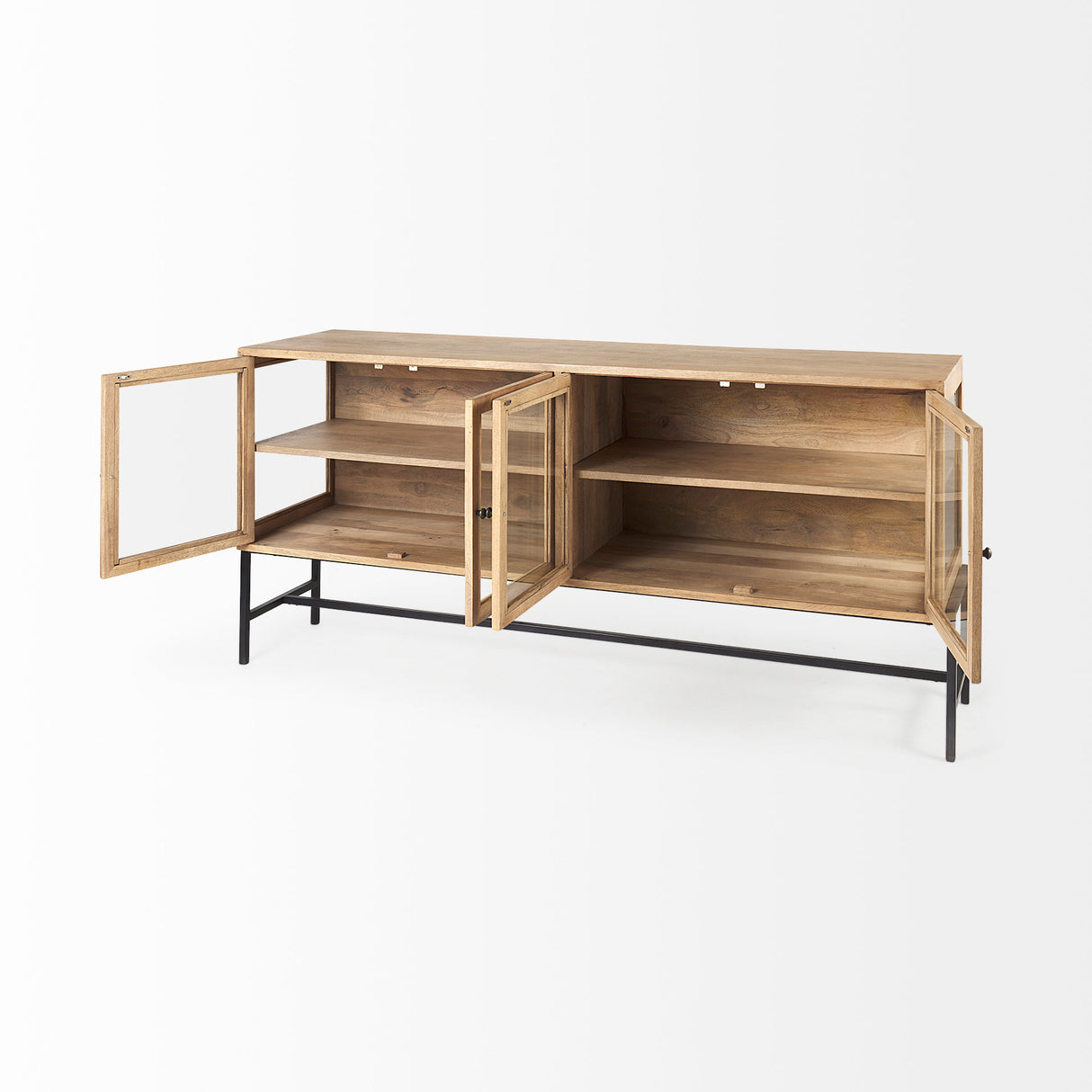 Arelius 70L x 18.75W x 32H Light Brown Wood, Black Metal Base w/ 4 Glass Cabinet Doors Sideboard from Mercana - Luna Furniture