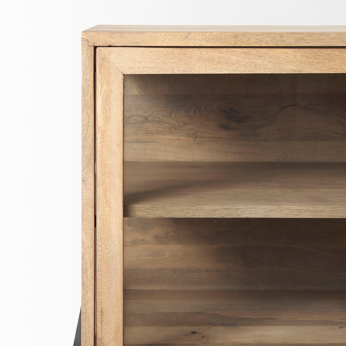 Arelius 70L x 18.75W x 32H Light Brown Wood, Black Metal Base w/ 4 Glass Cabinet Doors Sideboard from Mercana - Luna Furniture
