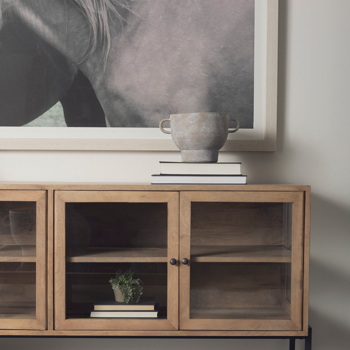 Arelius 70L x 18.75W x 32H Light Brown Wood, Black Metal Base w/ 4 Glass Cabinet Doors Sideboard from Mercana - Luna Furniture
