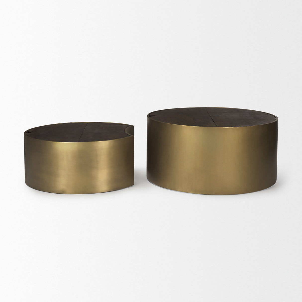 Eclipse Antique Brass Metal Drum Base w/ Dark Brown Wood Top Nested Coffee Table from Mercana - Luna Furniture