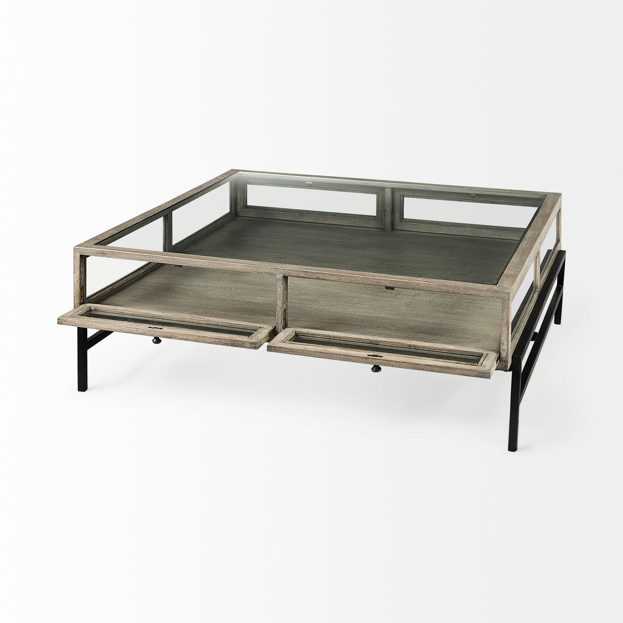 Arelius 42" Square Glass-Top Gray Wood w/ Black Metal Base Display Coffee Table from Mercana - Luna Furniture