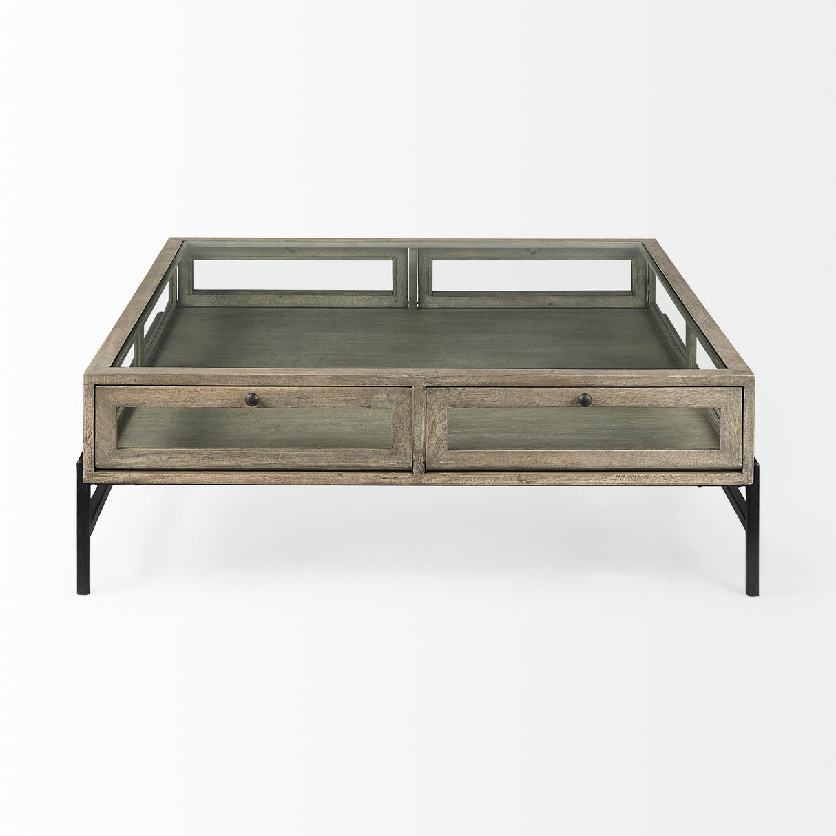 Arelius 42" Square Glass-Top Gray Wood w/ Black Metal Base Display Coffee Table from Mercana - Luna Furniture