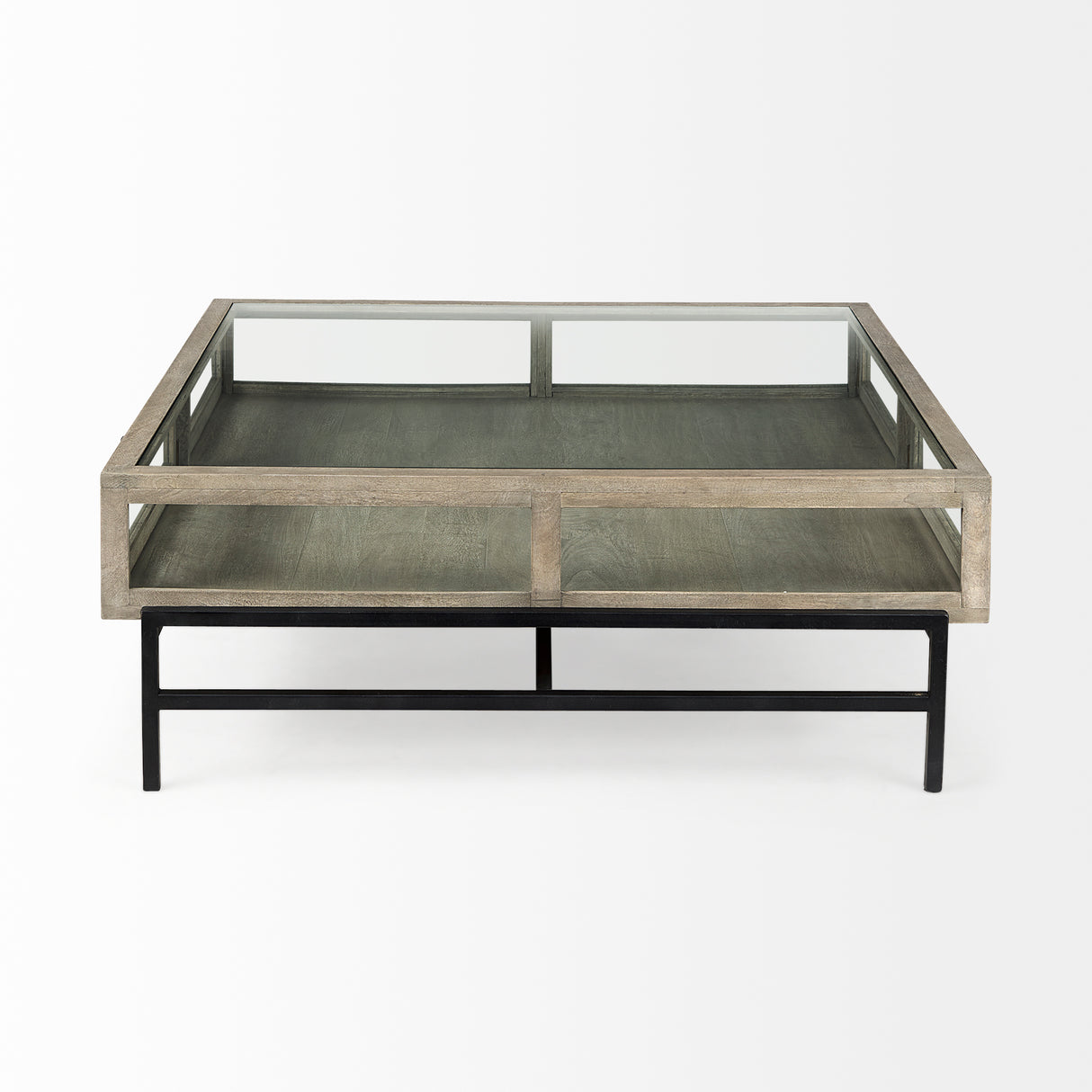 Arelius 42" Square Glass-Top Gray Wood w/ Black Metal Base Display Coffee Table from Mercana - Luna Furniture
