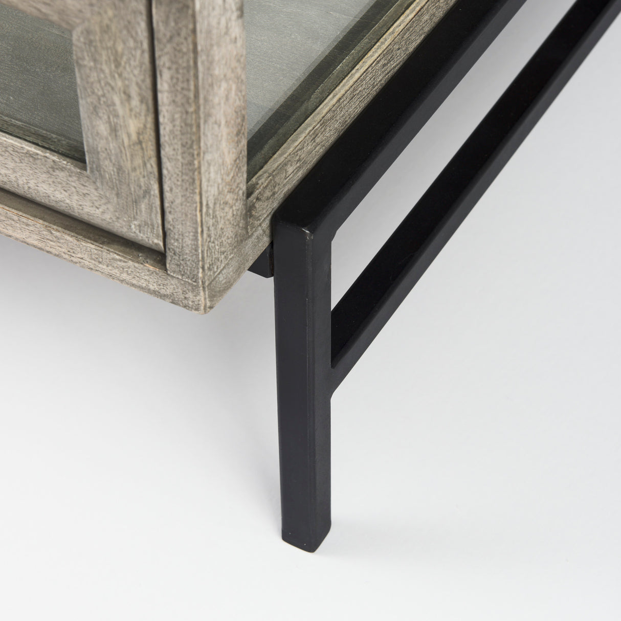 Arelius 42" Square Glass-Top Gray Wood w/ Black Metal Base Display Coffee Table from Mercana - Luna Furniture