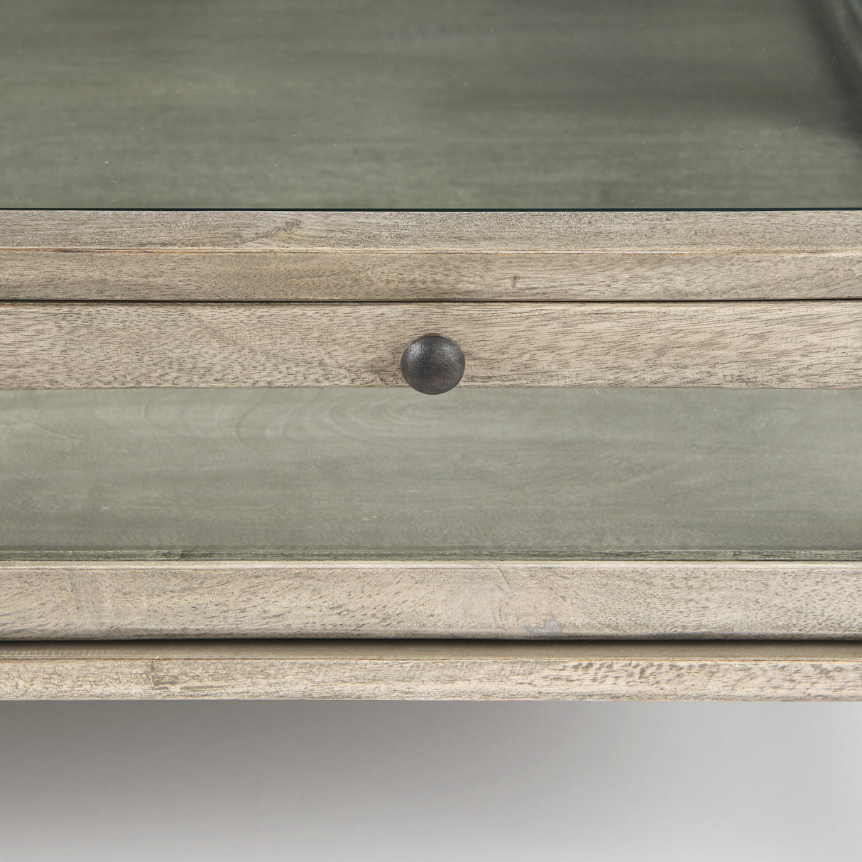 Arelius 42" Square Glass-Top Gray Wood w/ Black Metal Base Display Coffee Table from Mercana - Luna Furniture