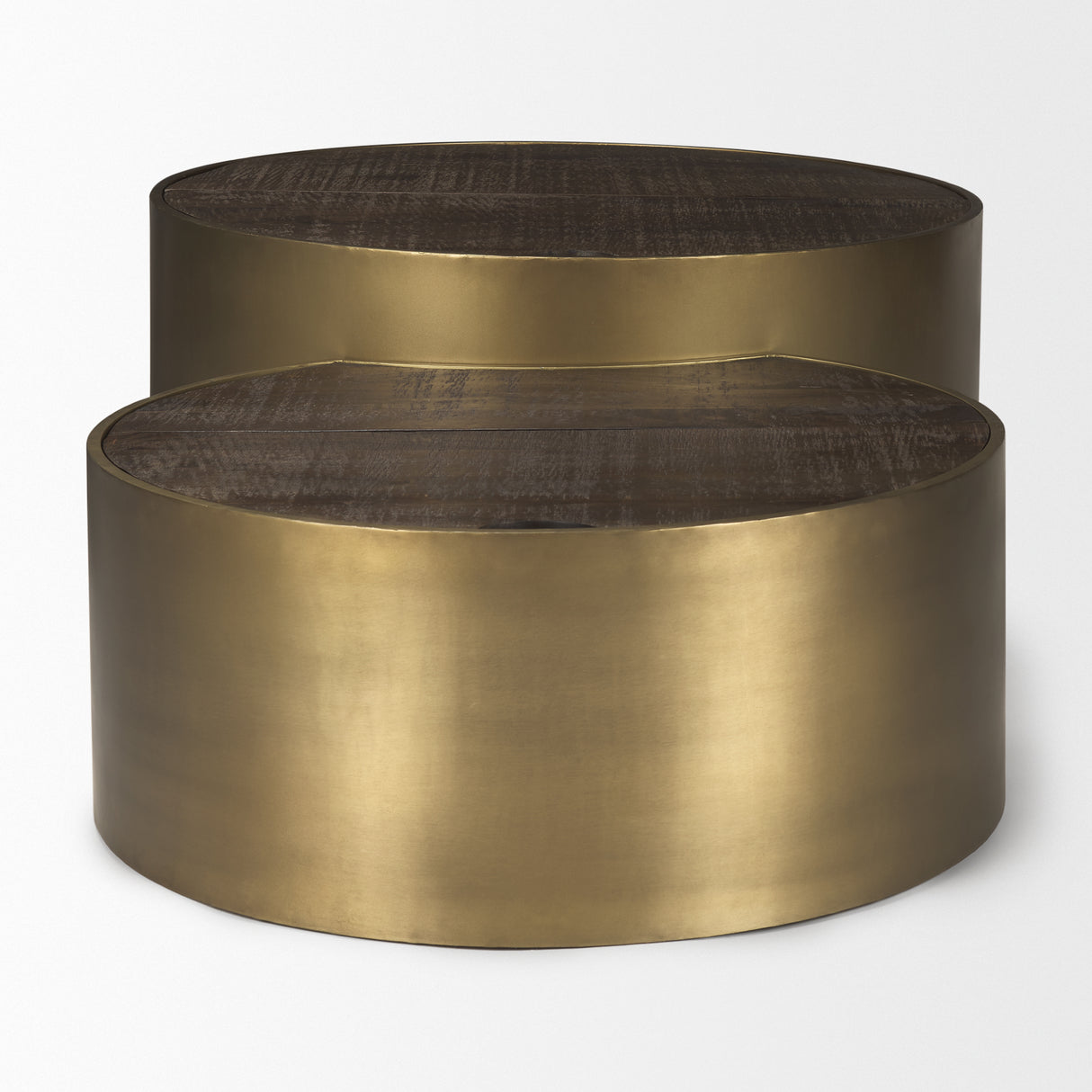 Eclipse Antique Brass Metal Drum Base w/ Dark Brown Wood Top Nested Coffee Table from Mercana - Luna Furniture