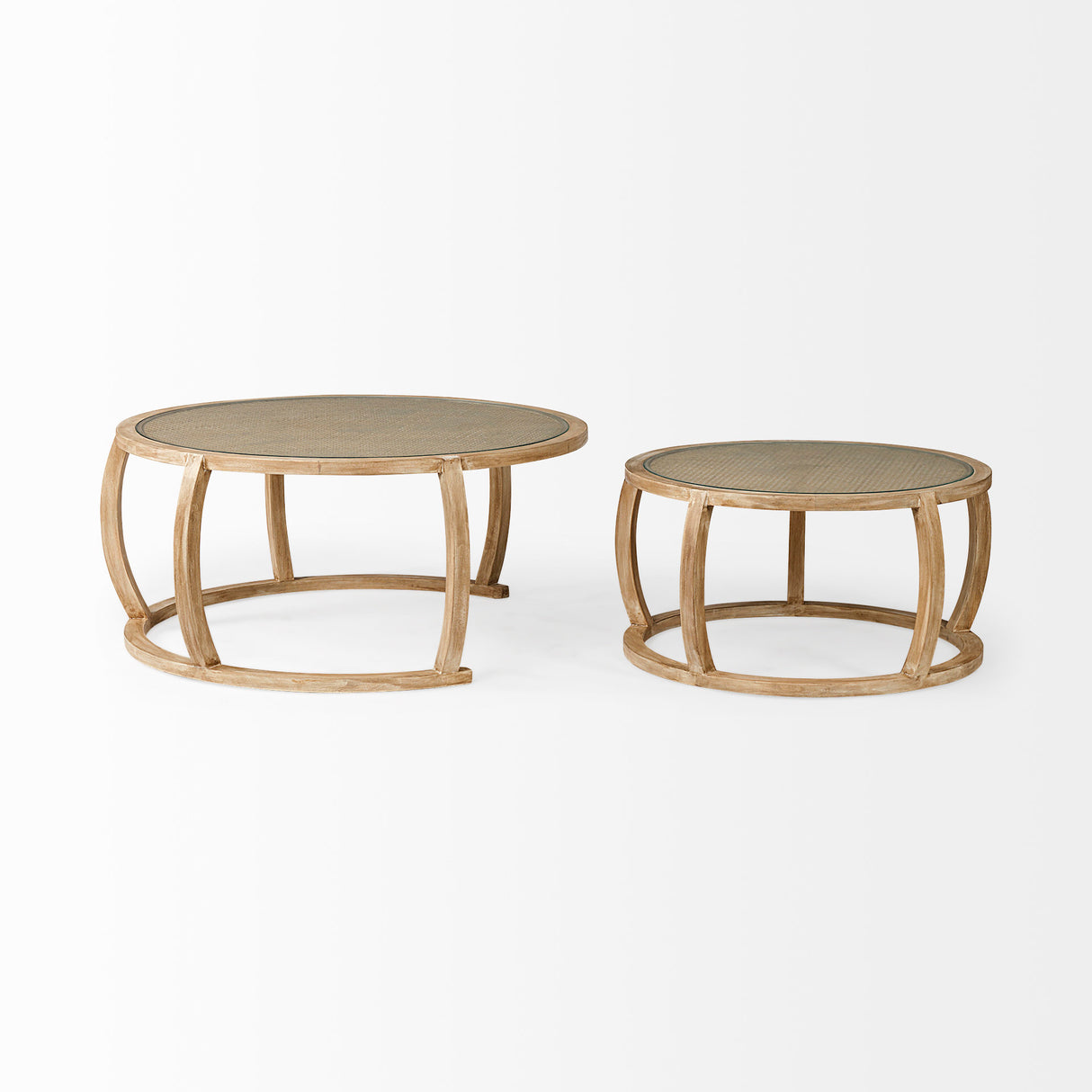 Hubbard Set of 2 Round Woven Cane w/Glass Top Solid Wood Base Coffee Tables from Mercana - Luna Furniture