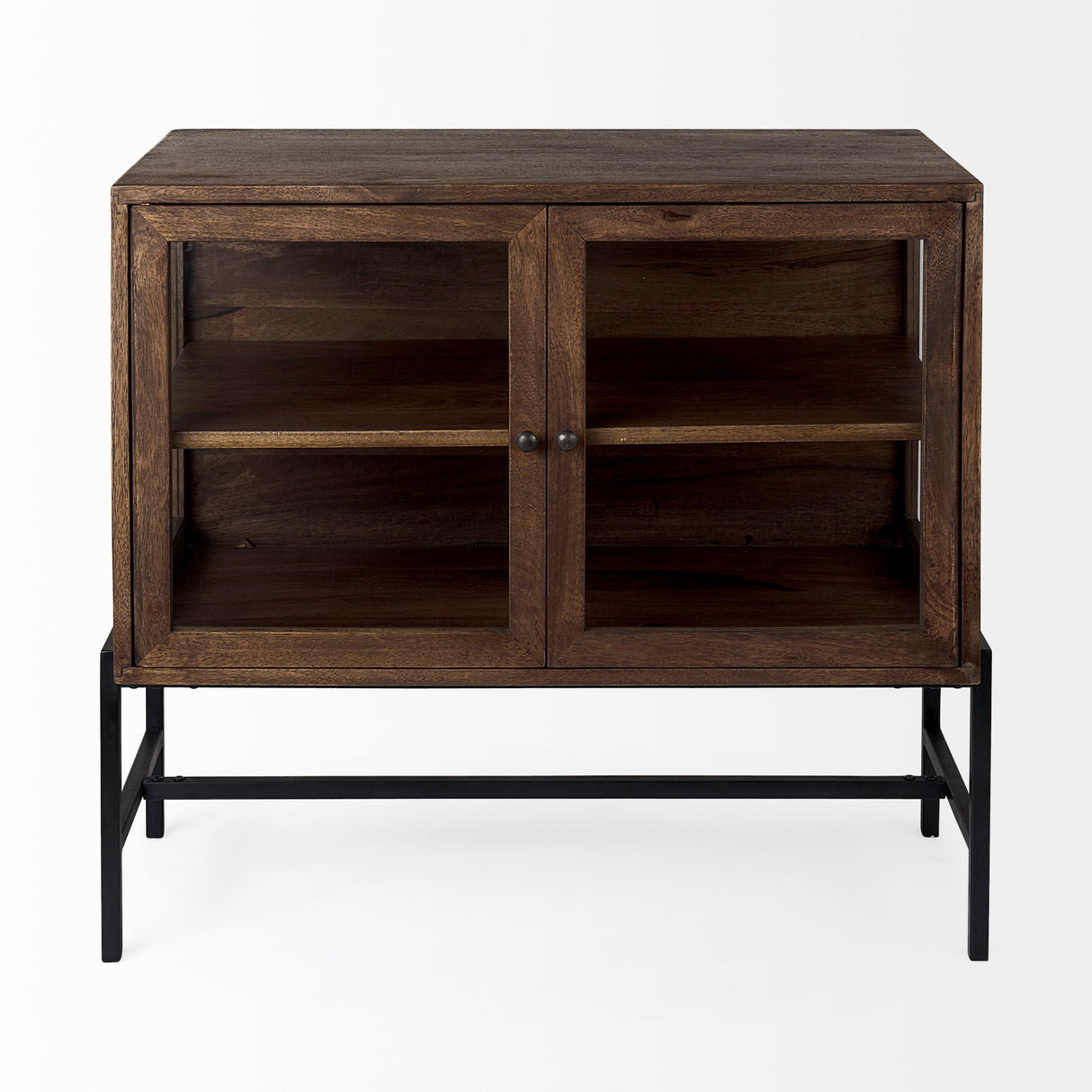 Arelius 36L x 18W x 32H Medium Brown Wood, Black Metal Base w/ 2 Glass Doors Accent Cabinet from Mercana - Luna Furniture