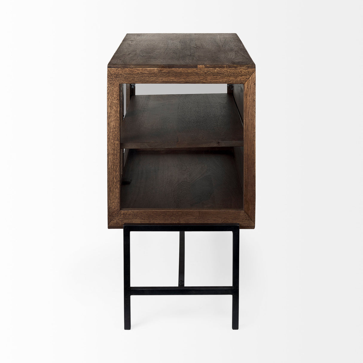 Arelius 36L x 18W x 32H Medium Brown Wood, Black Metal Base w/ 2 Glass Doors Accent Cabinet from Mercana - Luna Furniture