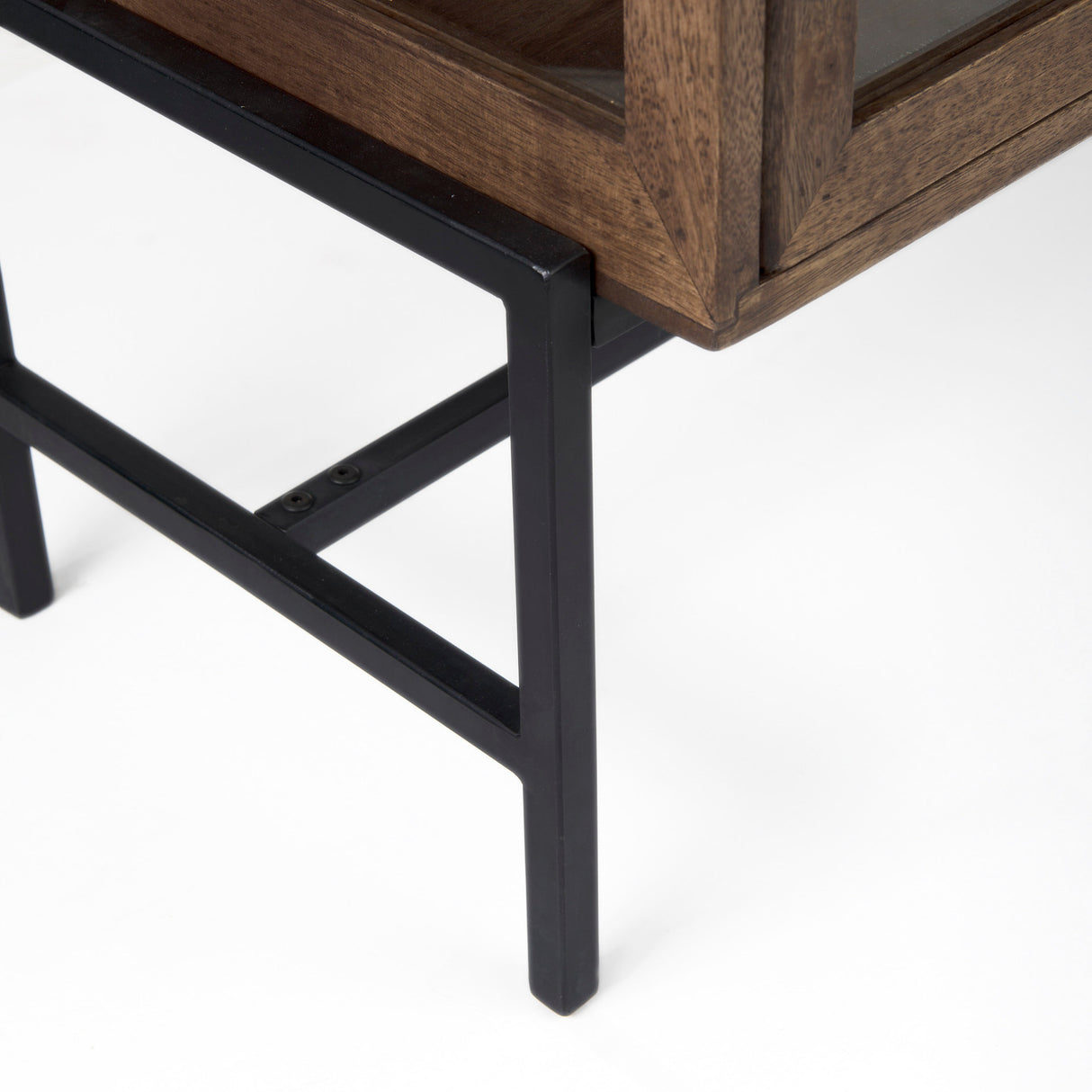 Arelius 36L x 18W x 32H Medium Brown Wood, Black Metal Base w/ 2 Glass Doors Accent Cabinet from Mercana - Luna Furniture