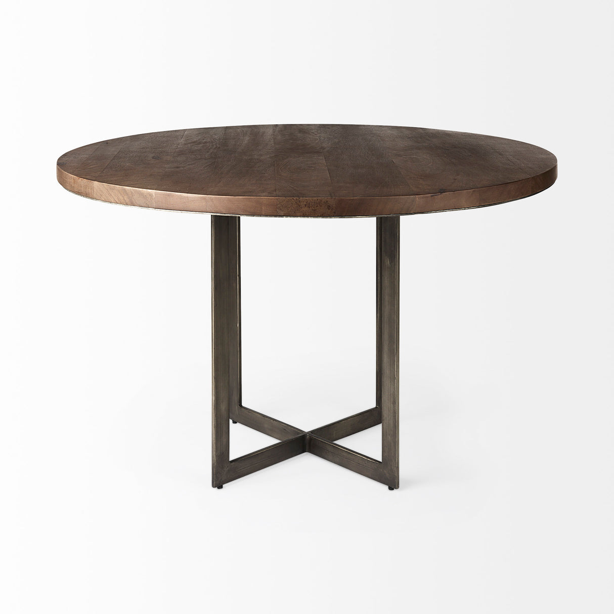 Faye I 48L x 48W x 30H Medium Brown Wood W/Antique Nickel Metal Base Round Dining Table from Mercana - Luna Furniture