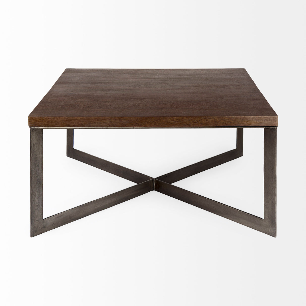 Faye 34L x 34W x 17H Medium Brown Wood W/Antique Nickel Metal Base Square Coffee Table from Mercana - Luna Furniture